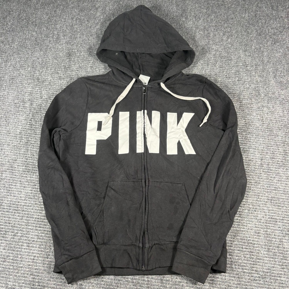 PINK Victoria's Secret Full Zip Hoodie Womens M Black Excellent Logo Graphic